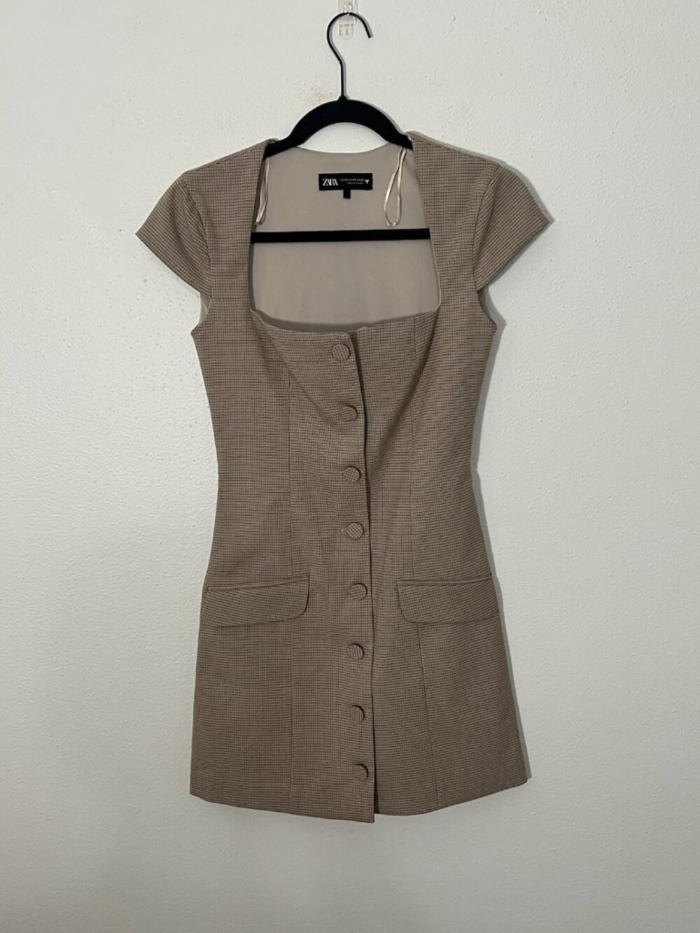 Zara Button Down Checkered Dress Tan Beige Size XS
